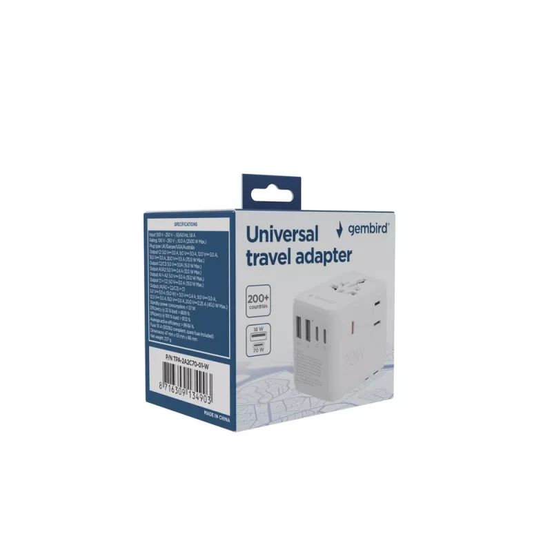 Ceļojumu adapteris GEMBIRD TPA-2A3C70-01-W — I tipa spraudnis, 3× USB-C (70W), 2× USB-A (18W), 100–250V, balts