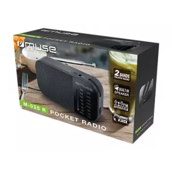 Portatīvais radio Muse M-025 R — MW/FM, melns, bateriju darbināms, kompakts (32×130×70 mm)