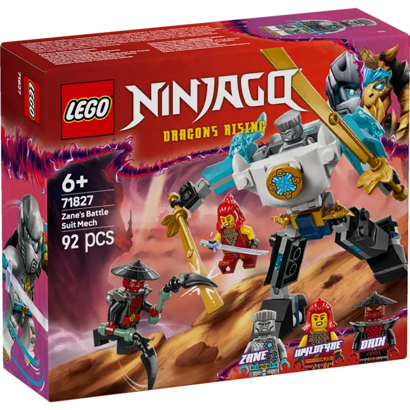 LEGO NINJAGO komplekts 71827 Zane kaujas tērpa mehs, 92 gabali, 2 minifigūras, augstums 100 mm, vecums 6+