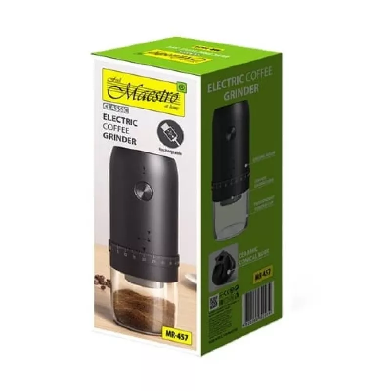 Kafijas dzirnaviņas Maestro MR-457 — pārnēsājamas elektriskās dzirnaviņas, 30 g pupiņu ietilpība, akrila korpuss, USB-C uzlāde, regulējama maluma pakāpe, poga un regulators