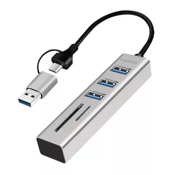 USB 3.0 centrmezgls ar USB-A un SD/microSD slotu, 2-in-1 kabelis