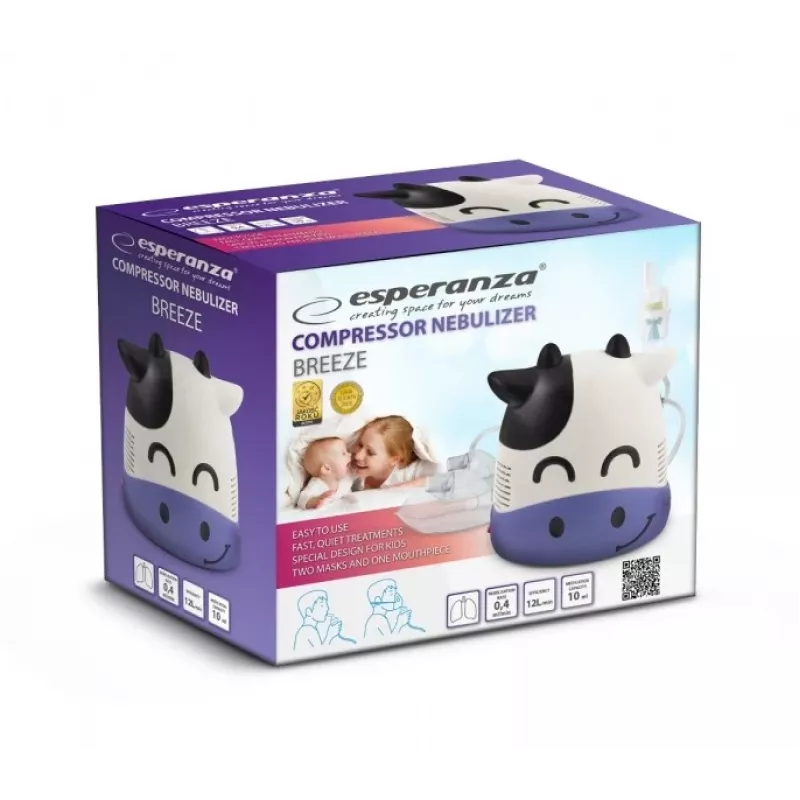 Kompresora inhalators Esperanza ECN001, 220V, daļiņu izmērs 0,5–10 μm, aerosols 10 ml, elpojamā frakcija ≥70%