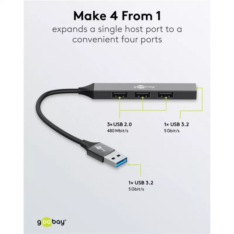 Goobay USB Hubs 74456 4-portu USB-A centrmezgls 5 Gbit/s gaiši pelēks
