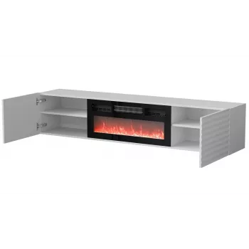 TV skapis Cama Meble TULA ar elektrisko kamīnu, 1830×350×370 mm, balts matēts