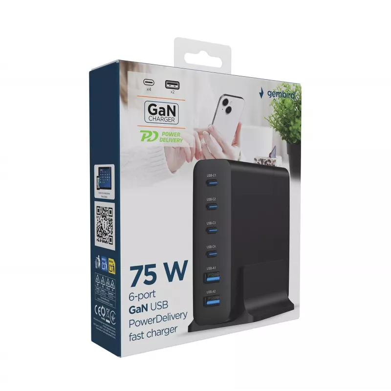 GEMBIRD TA-UC-2A4C-PD75-01-BK lādētājs — 75W, 4× USB-C + 2× USB-A, PD & QC3.0, 6 ierīču vienlaicīga uzlāde, 1,5 m kabelis, melns