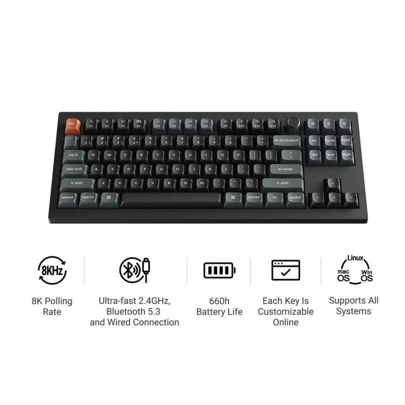 Mehāniskā tastatūra Keychron V3 Ultra 8K — vads & Bluetooth, QWERTY izkārtojums, RGB LED, melna