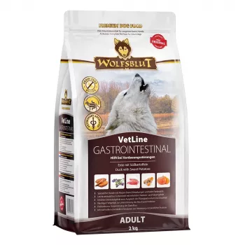 Sausā suņu barība Wolfsblut VetLine Gastrointestinal Duck 2 kg — veterinārā diēta gremošanas atbalstam