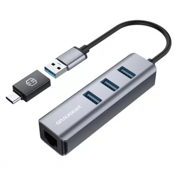 GRAUGEAR USB Hub G-HUB31L-A — USB 3.2 Gen 1 Type-A ligzda, 3x USB 3.2 Gen 1 Type-A pieslēgvietas + RJ-45, 5000 Mbit/s