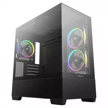 PC korpuss DeepCool CG380 3F — Melns, 235×437×451 mm, atbalsta 2x120 mm sānu + 1x120 mm aizmugures ventilatorus, apakšējais barošanas bloks, 2.5 collu/3.5 collu HDD
