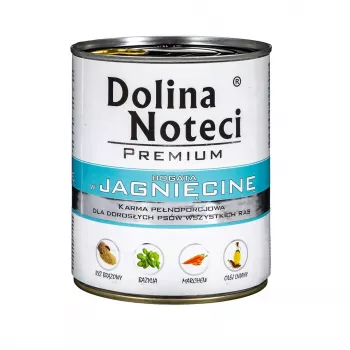 Slapjā suņu barība Dolina Noteci Premium Jērs 800 g skārdenē — bezgraudu, pieaugušiem suņiem, olbaltumvielas 12%, mitrums 77%