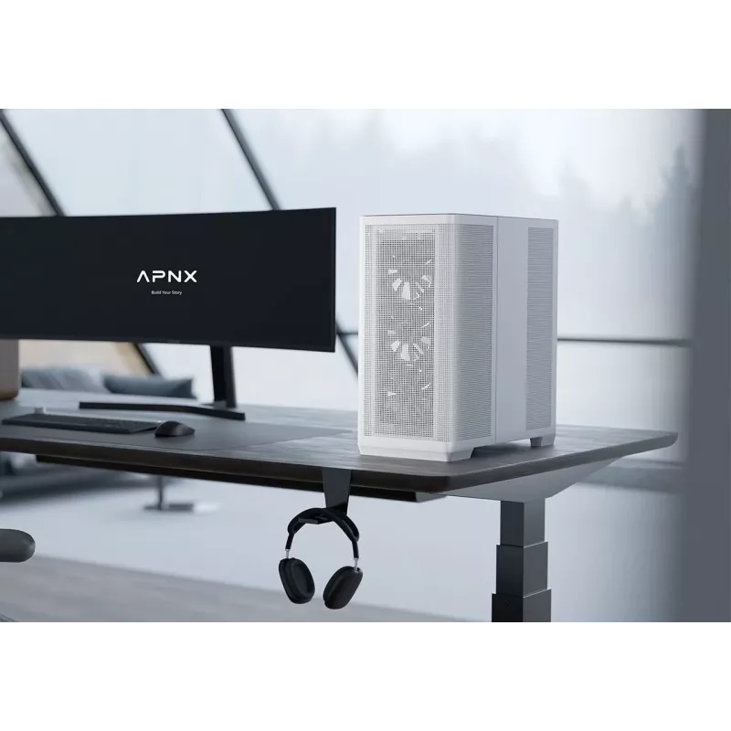 APNX PC Midi Tower C1-R-WT-v1 — Balts, ATX/Micro-ATX/Mini-ITX, 3x120 mm priekšējie ventilatori, 3x3.5 inch + 3x2.5 inch sloti, USB 3.2 Gen1 x2