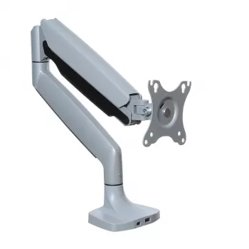 Pie galda stiprināms monitora statīvs ART RAMM L-35HD 17–45 collu ekrāniem, gāzes atspere, skava, USB-C un USB-A, līdz 27 kg