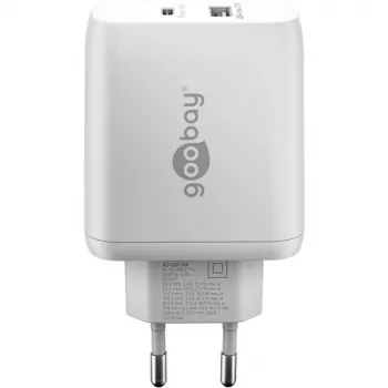USB-C Dual-Fast lādētājs, PD, GaN, 65 W (Balts, 1x USB-C, 1x USB-A, Power Delivery)