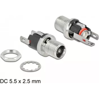 Sieviešu DC savienotājs 5,5 x 2,5 mm, uzstādāms panelī, lodēšanas versija, DeLOCK 90057
