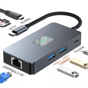 TB USB-C 7-in-1 adaptera centrs HDMI USB SD/TF RJ45 2.5 Gbps PD