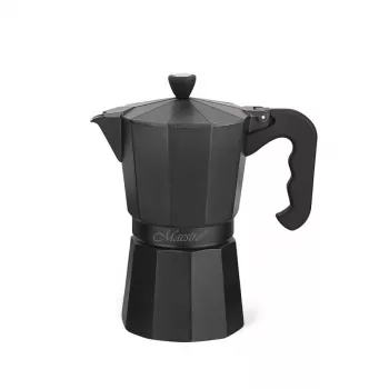 Moka pot Maestro MR-1666-6-BLACK — manuāla plīts kafijas kanniņa, 6 tases, 300 ml, melns alumīnijs