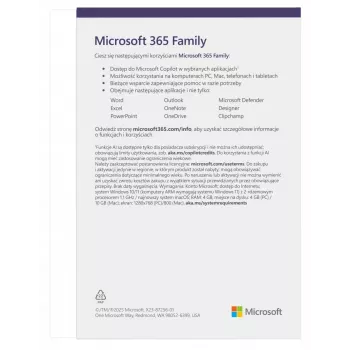 Abonements Microsoft 365 Family — 6 lietotāji, 12 mēneši, lejupielāde, daudzplatformu (Windows, Mac, iOS)