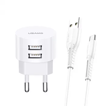 Lādētājs usams XTXLOGT18TC05 ar 2× USB portiem un iebūvētu USB‑C kabeli, 2.1 A