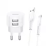 Lādētājs usams XTXLOGT18TC05 ar 2× USB portiem un iebūvētu USB‑C kabeli, 2.1 A