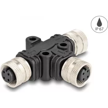 Kabeļu sadalītājs DeLOCK M12 T-Splitter A-kods 4 kontaktu 1 x ligzda uz 2 x ligzda