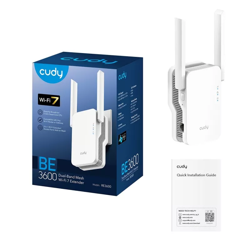 Cudy RE3600 divjoslu Wi-Fi 7 tīkla paplašinātājs (mesh) balts