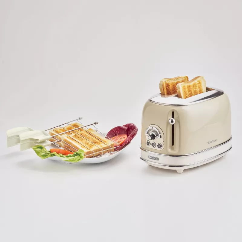 Ariete 155 Design 2 Slotu Toasteris ar Sviestmaižu Turētājiem, 6 Grauzdēšanas Līmeņi, 810 W, Nerūsējošā Tērauda Korpuss, Noņemama Drupaču Paplāte, Pasteļa Bēšs