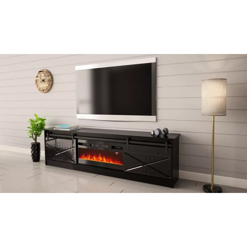 TV statīvs ar kamīnu Cama Meble GRANERO — 200 x 56.7 x 35 cm, melns/melns spīdums, 2 durvis, 2 plaukti, bīdāmās durvis, MDF/skaidu plātne