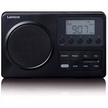Pārnēsājamais radio Lenco MPR-035BK — FM/AM, tīkla un bateriju darbība, 2.5 collu LCD, 20 FM iepriekš iestatītas stacijas, 3.5 mm izeja