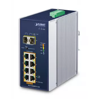 Nepārvaldāms slēdzis PLANET IGS-1020PTF-12V, 8 porti 10/100/1000T PoE+, 2 SFP, IP30, industriāls