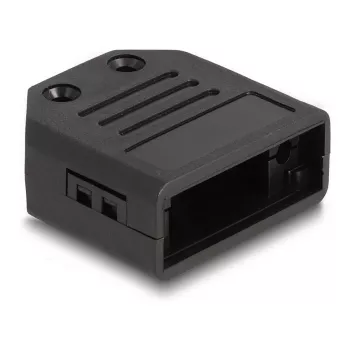 Apvalks DELOCK D-Sub 9-pin vīriešu/sieviešu, plastmasa ar stieples atvieglojumu, 33.3×33.8×14.8 mm, melns