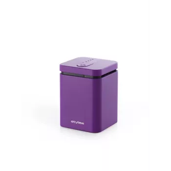 Aromas difuzors Stylies ELARAPURPLE telpām līdz 25 m² — violets, taisnstūra formas, AC/baterija/USB barošana, smaržu kasetne, 2 h taimeris, 74×74×100 mm, 1,3 W