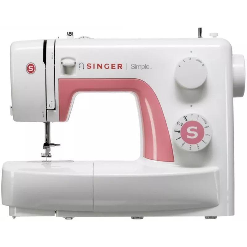 Singer Simple 3210 automātiskā šujmašīna, elektromehāniska, 10 dūrieni, 4 soļu pogcaurums, brīvais plecs, 85 W, balta/rozā