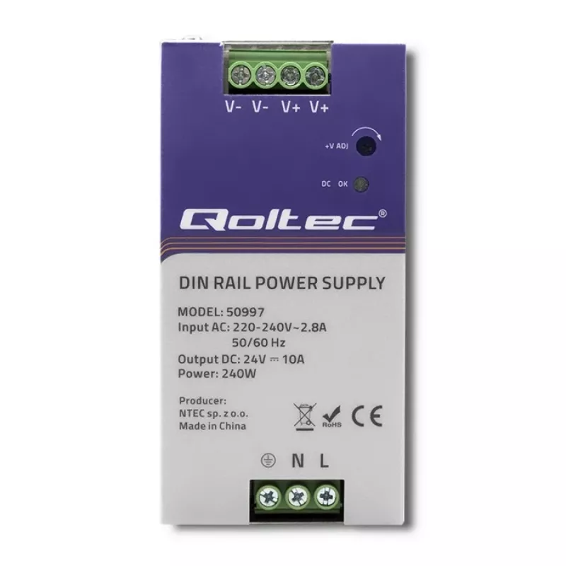 DIN sliedes barošanas bloks QOLTEC 50997 240W 24V 10A