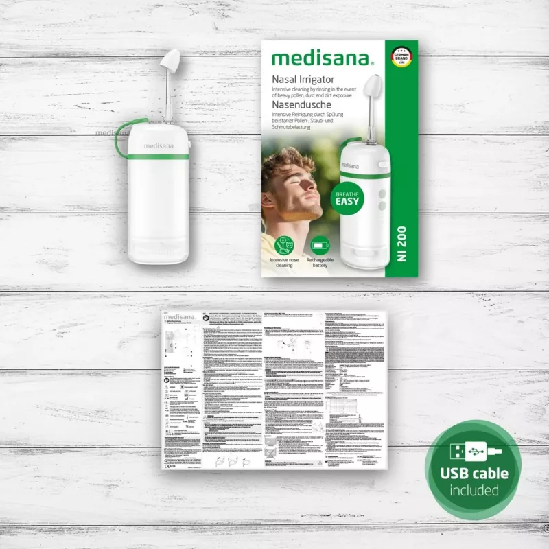 Medisana NI 200 elektriskā deguna skalošanas ierīce, 150 ml ūdens tvertne, 3 programmas, USB-C, 1400 mAh, IPX7, saliekama, balta