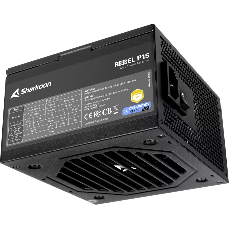 Barošanas bloks Sharkoon Rebel P15 750, 750W, 1x 12-pin augstas jaudas GPU savienotājs, 4x PCIe, modulārais kabeļu izvads
