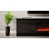 TV statīvs ar kamīnu Cama Meble GRANERO — 200 x 56.7 x 35 cm, melns/melns spīdums, 2 durvis, 2 plaukti, bīdāmās durvis, MDF/skaidu plātne