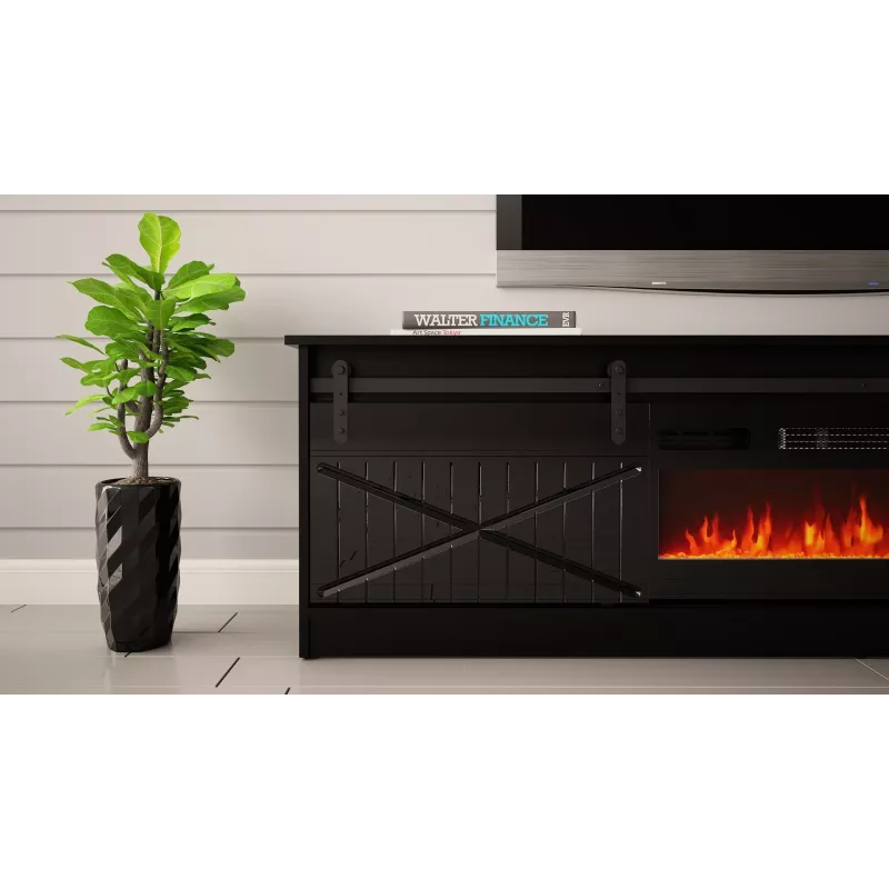 TV statīvs ar kamīnu Cama Meble GRANERO — 200 x 56.7 x 35 cm, melns/melns spīdums, 2 durvis, 2 plaukti, bīdāmās durvis, MDF/skaidu plātne