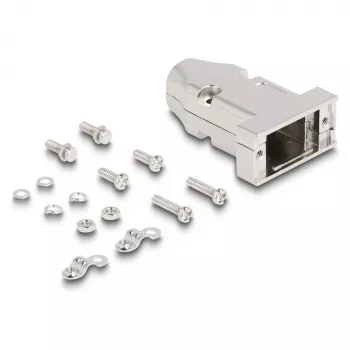 DELOCK D-Sub korpuss 9 kontaktu vīriešu/sieviešu ar kabeļa atslogošanu, sudraba, plastmasa, 31.6×46.2×15.6 mm