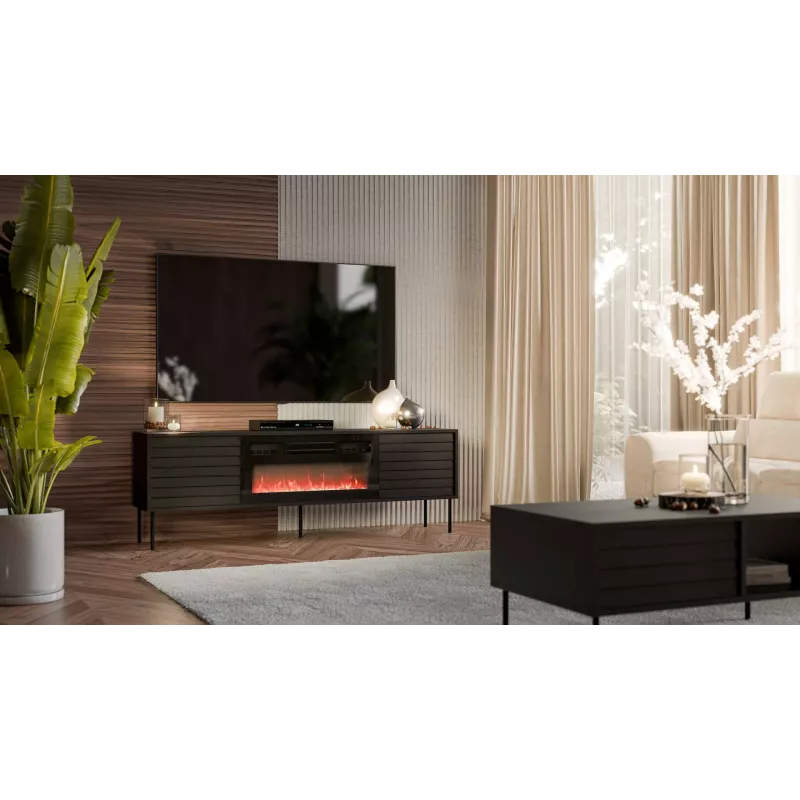 TV skapis Cama Meble CORTINA 180x40x60 cm melns ar melnu kamīnu
