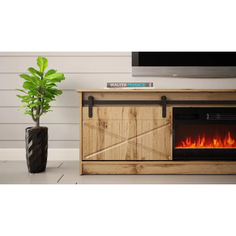 TV skapis Cama Meble GRANERO ar kamīna moduli, Wotan ozols, 2000×350×567 mm, 2 durvis, 2 plaukti