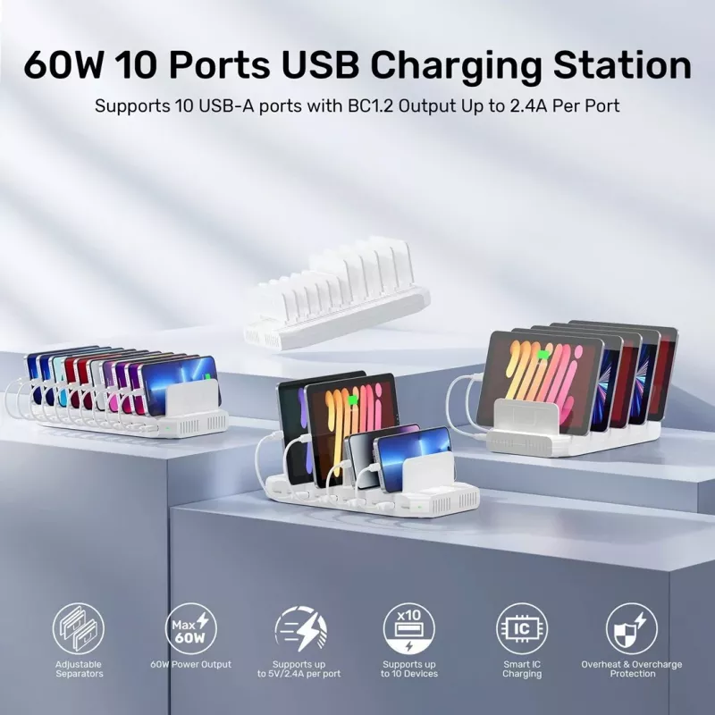 Unitek uzlādes stacija 10X USB 2.4A 60W Balta