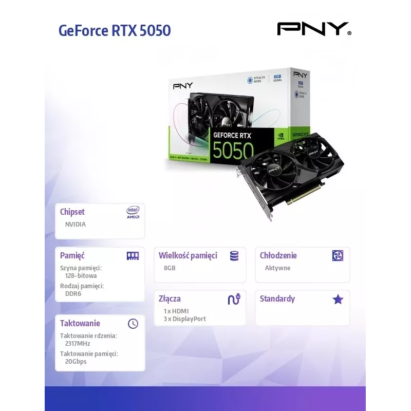 Grafikas karte PNY GeForce RTX 5050 — 8 GB GDDR6, 2317 MHz, 128 bitu, PCIe x8 5.0, divu ventilatoru dzesēšana