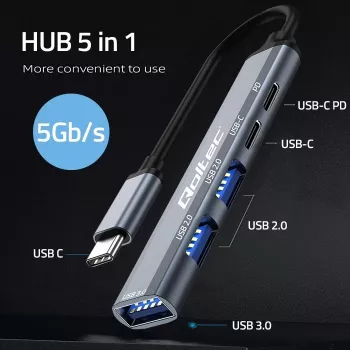 Qoltec 53790 USB-C 3.1 5in1 Hub Adapter | USB-C PD | USB-C | 2x USB 2.0 | USB 3.0