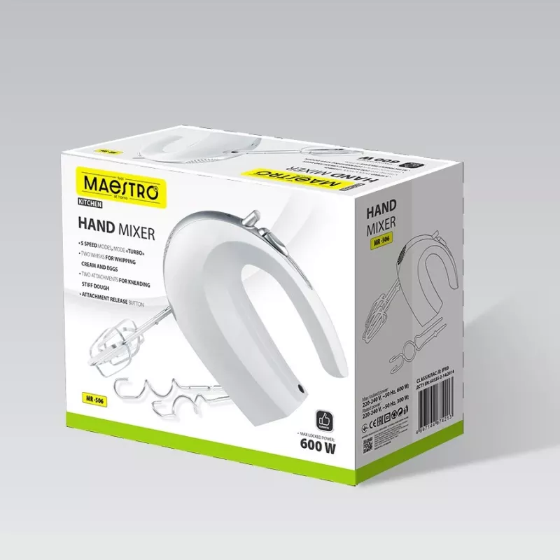 Roku mikseris Maestro MR-506 — 2 ātrumi, balts, kompakts virtuves mikseris