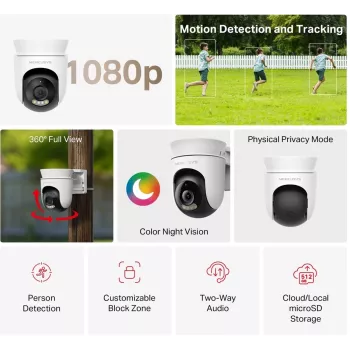 IP drošības kamera MERCUSYS MC500 1080p WDR Wi‑Fi āra spuldzes tips IP65 PoE/DC 2‑virzienu audio 340° panoramēšana 9x optiskais tālummaiņa