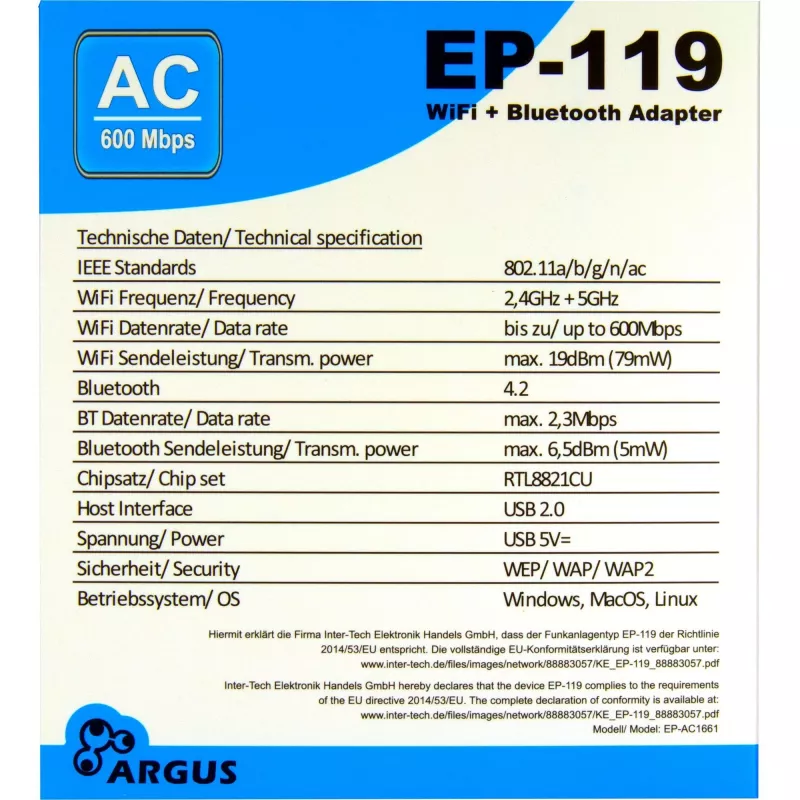 USB Wi‑Fi / Bluetooth adapteris INTER-TECH EP-119, Wi‑Fi 5 (802.11ac) divjoslu 600 Mbit/s