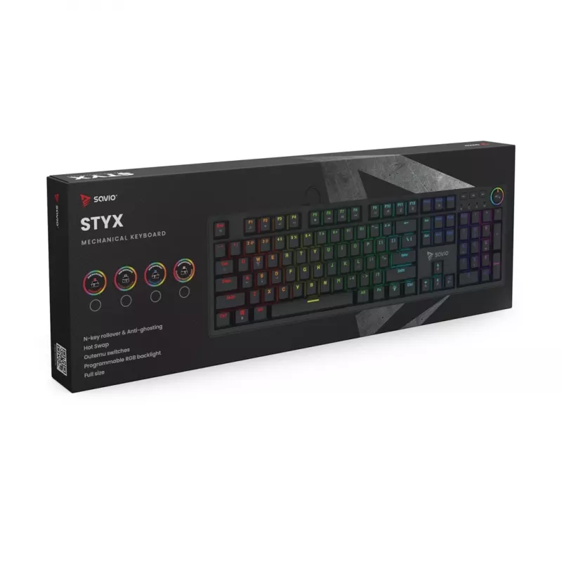 Mehāniskā spēļu tastatūra SAVIO STYX Outemu Blue Hot-Swap RGB USB QWERTY US International Melna 104 taustiņi