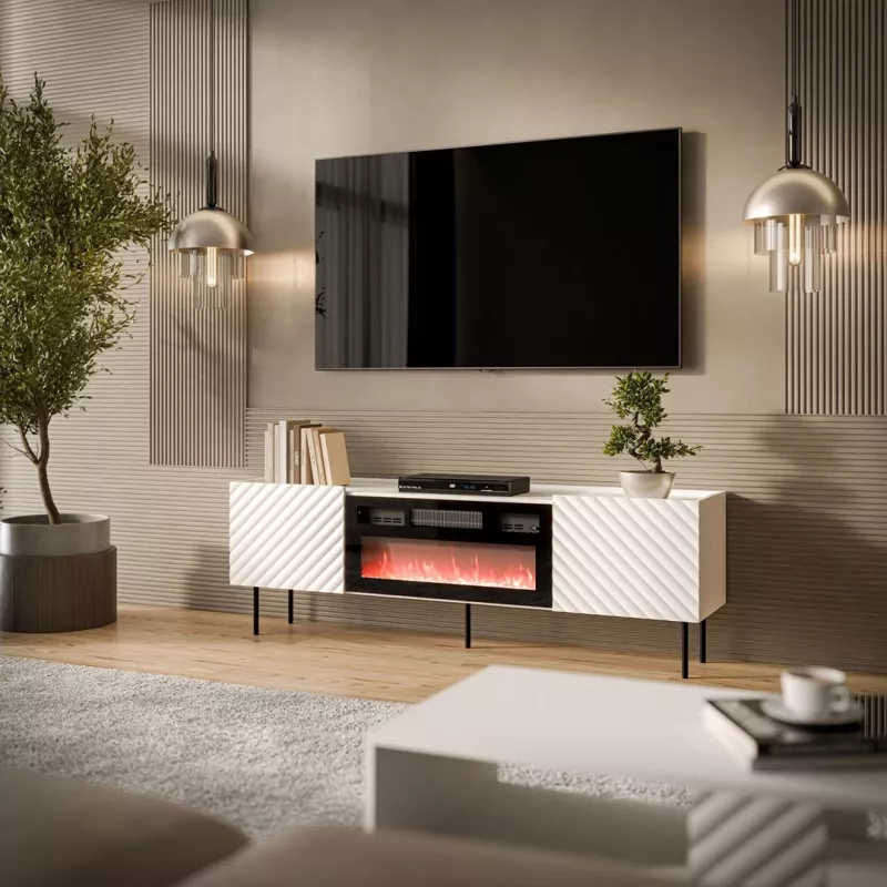 TV skapis cama meble LUCCA 180x40x59 cm, balta virsma un rāmis, melns elektriskais kamīns