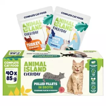 Slapjā barība kaķiem animal island Everyday Tītars un Baltās zivs filejas buljonā, 40 x 85 g, pieaugušiem, bezgraudu, maisiņi