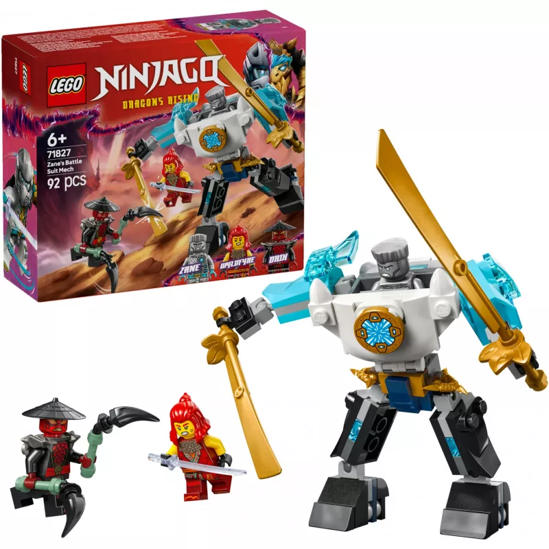 LEGO NINJAGO komplekts 71827 Zane kaujas tērpa mehs, 92 gabali, 2 minifigūras, augstums 100 mm, vecums 6+